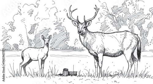 Deer and fawn line drawing minimal outline vector illustration