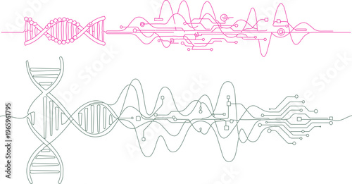 DNA helix, circuit board, and waveform vector graphics, biotechnology and technology illustrations, pink and green line art, genetic engineering concepts