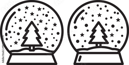 Two Outline Christmas Snow Globes with Pine Trees and Falling Stars - Winter Holiday Season Minimalist Icon with Snow Globe with Christmas Tree with Line Art with Design Element with White Background