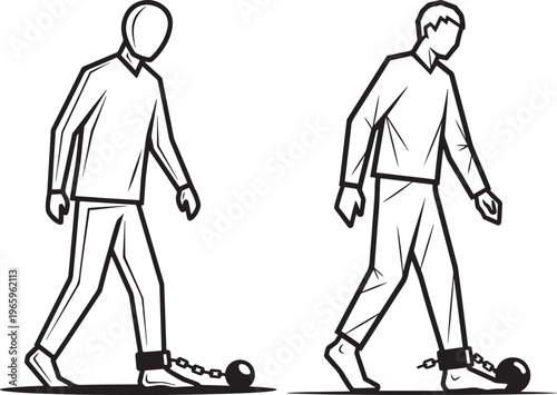 Two Figures Walking with Shackles and Chains Illustration. Black and white vector art representing concepts of confinement, imprisonment, restriction, or debt, Line Art