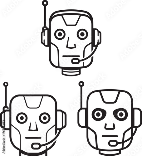 Collection of Three Robot Heads with Headsets Illustration. Black and white line art vector of futuristic cyborgs or AI figures in communication with Robot Head with Artificial Intelligence