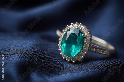 A close-up of a silver ring featuring a large oval-cut emerald surrounded by small diamonds on a dark blue fabric background.