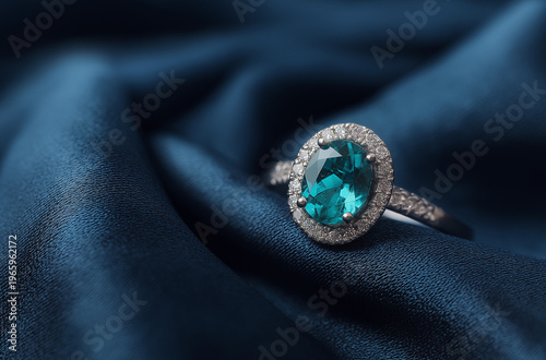 A luxurious ring with a large blue gemstone surrounded by diamonds on a dark blue fabric background