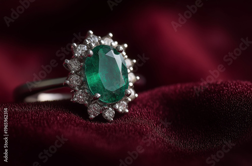 A luxurious emerald ring with diamonds on a velvet background