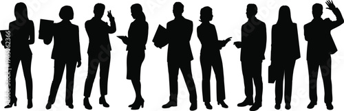 Silhouettes of diverse business professionals standing together in corporate attire, teamwork collaboration concept, leadership communication workplace illustration