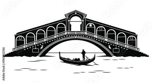 A striking black and white illustration depicts a venetian bridge and gondola with a figure a captivating silhouette high quality professional