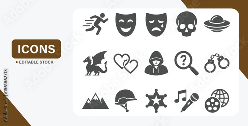 Movie Genre Icon Set – Black & White Collection of Film Categories