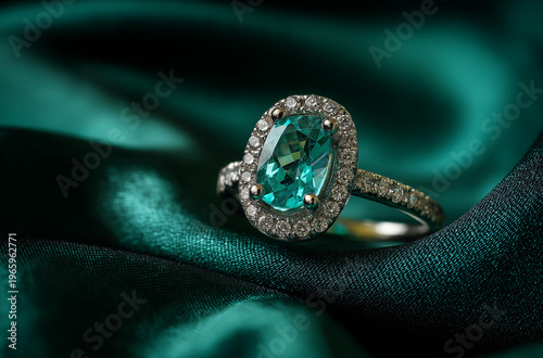 A luxurious ring with a large oval-cut emerald stone surrounded by diamonds on a green satin fabric