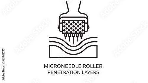 Minimalist black and white line art depicting a microneedle roller used in dermatology and cosmetic treatments. Ideal for medical, skincare, or wellness marketing and educational materials.