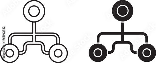 Two organizational chart with one outlined and one solid black silhouette showing a hierarchical structure with a node and two branches