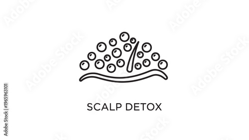 Minimalist black and white line drawing depicting scalp detox process with cleansing bubbles and natural leaf elements. Ideal for wellness, spa, hair care, and organic product marketing.