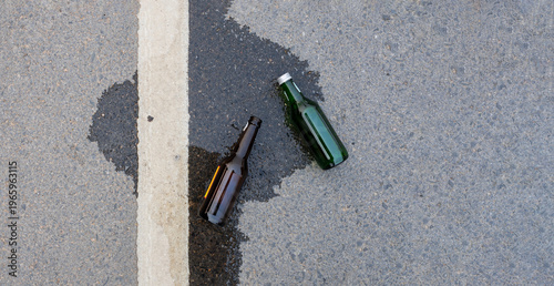 Drunk Driving Alcohol Bottles on Road Accident Risk Traffic Safety Law Violation Concept