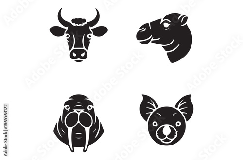 Black silhouettes of a cow camel walrus and koala heads