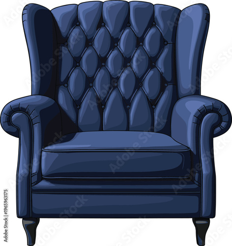 Luxury navy blue velvet wingback armchair vector with tufted backrest and elegant furniture design
