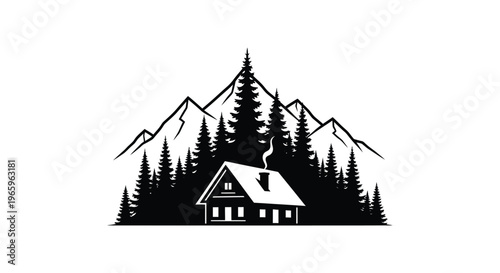 A striking black and white image depicts a cozy cabin nestled amongst towering mountains presented as a bold silhouette high quality