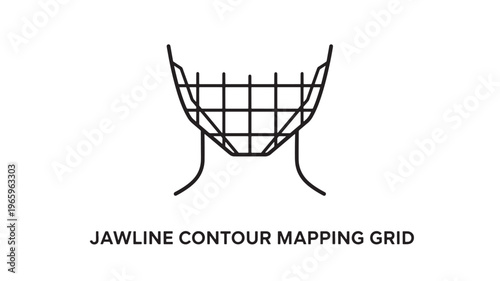 Minimalist black and white line art depicting a 3D jawline contour mapping grid, ideal for medical, beauty, orthodontic, or facial recognition technology visuals in presentations and digital design.