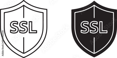 Two shield with s l text in black and white outline and solid fill styles for web security and data protection concepts