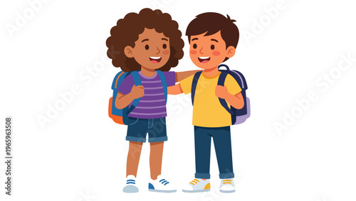 School Friendship Moment Vector Illustration on PNG Background, school, friendship, children, kids, backpacks, companionship, education, learning, student, casual outfits, blue, yellow, purple, 