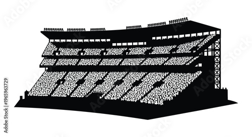 A stark black silhouette depicts a packed stadium with tiered seating and numerous spectators emphasizing architectural form silhouette high quality professional