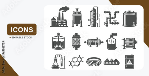 Industrial Equipment Icon Set: Chemical Plant, Reactor, Distillation Unit, Pipeline Network & Storage Tank Symbols