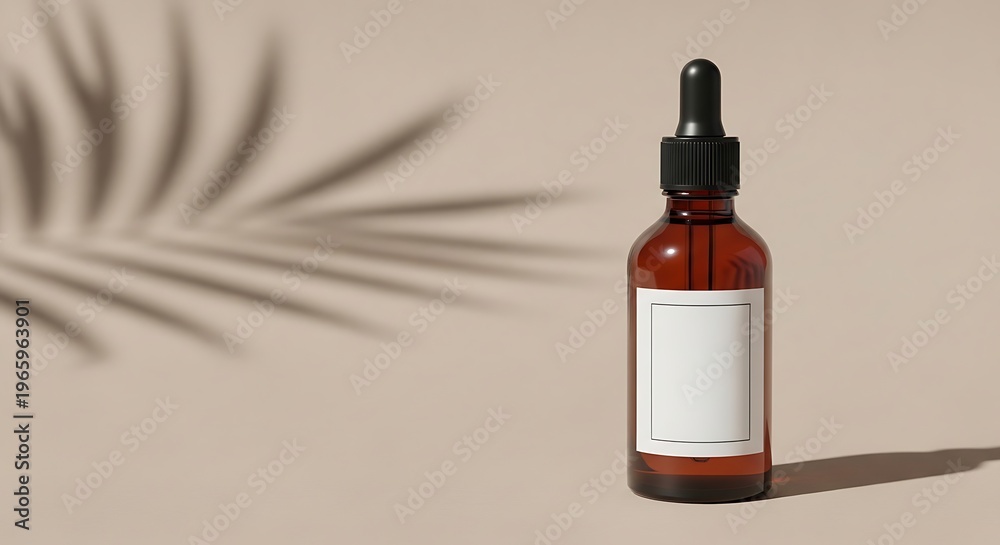 Fototapeta premium Amber glass dropper bottle with white label and palm leaf shadow on beige background amber bottle de