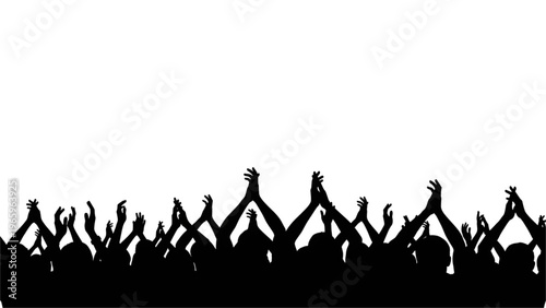 Silhouette of a crowd of people with raised hands in celebration