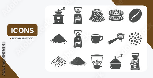 Coffee Grinding Tools and Equipment Icon Set Featuring Grinder Types and Coffee Processing Methods