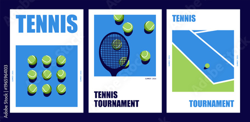 Tennis Sport Poster Set Vector with Ball, Racket, Court and Bold Typography on Blue Green Background for Tournament Championship and Club Promotion