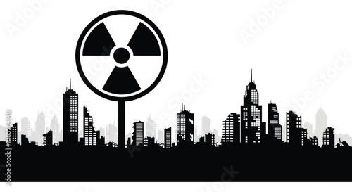 A stark depiction of a city skyline overshadowed by a radioactive hazard symbol in black silhouette high quality professional detailed modern
