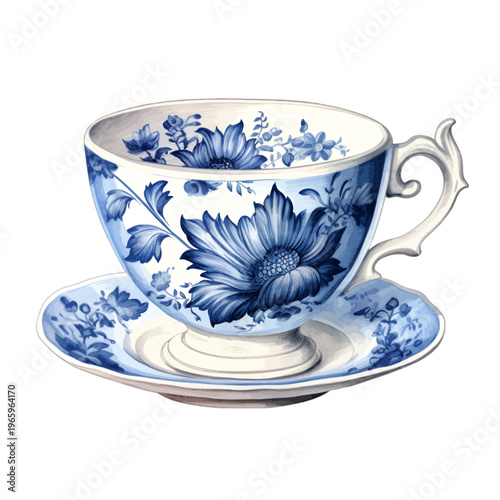 Vintage Delft blue and white porcelain teacup and saucer with ornate floral patterns
