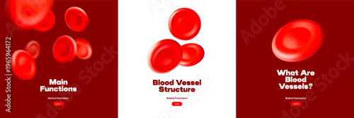 3D blood red cells banner set. World Blood Donor Day. Realistic vector illustration. Healthcare, hospital, clinic, laboratory, emergency design concept