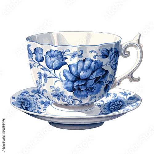 Vintage blue and white porcelain teacup and saucer with ornate Delft floral peony pattern
