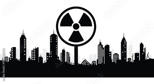 A stark black silhouette of a nuclear hazard symbol over a cityscape emphasizing potential danger and risk silhouette high quality professional