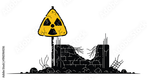 A stark warning sign depicting radiation danger amidst a destroyed cityscape rendered as a dramatic silhouette high quality professional detailed modern