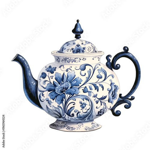Vintage blue and white porcelain teapot with ornate Delft floral peony pattern

