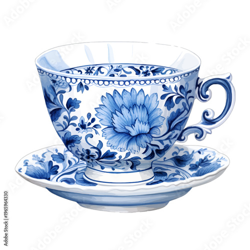 Vintage blue and white porcelain teacup and saucer with ornate Delft floral pattern
