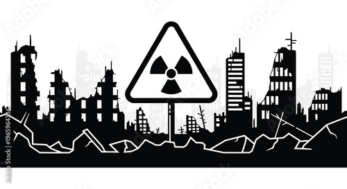 A stark black silhouette depicts a ruined cityscape with a prominent radioactive hazard sign conveying a post apocalyptic scene silhouette high quality