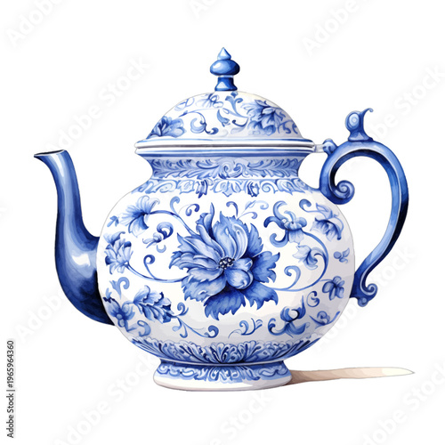 Vintage blue and white porcelain teapot with ornate Delft floral peony pattern
