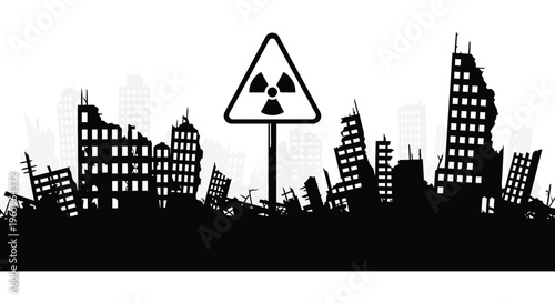 A stark image displays a radioactive warning sign amidst a ruined cityscape creating a powerful desolate silhouette high quality professional detailed