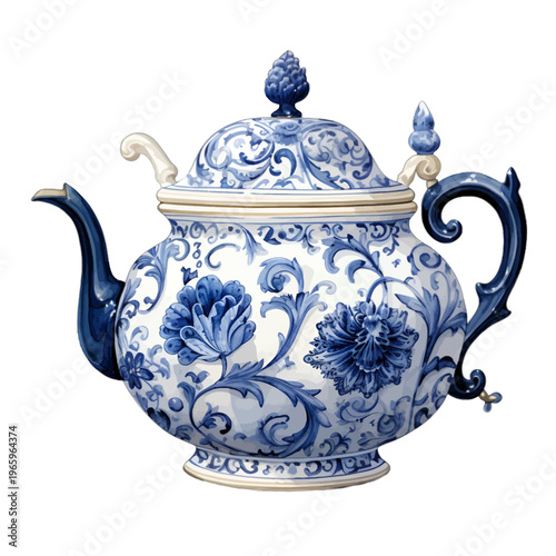 Vintage blue and white porcelain teapot with ornate Delft floral patterns
