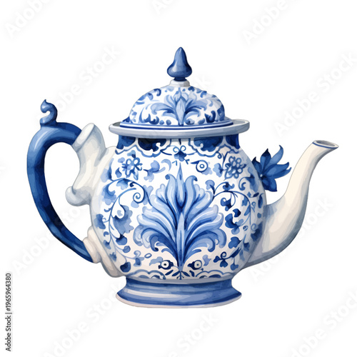 Vintage blue and white porcelain teapot with ornate Delft floral patterns
