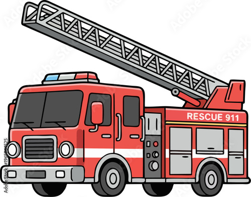 Modern Cartoon Ladder Fire Truck Illustration with Rescue 911 Text on a Transparent Background