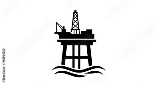 Offshore oil platform silhouette icon above ocean waves for marine petroleum drilling industry