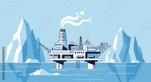Arctic offshore oil platform among icebergs with helicopter and drilling rig flat illustration