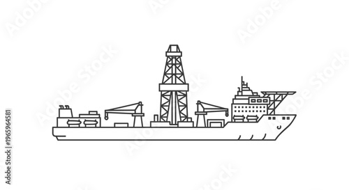 Offshore drilling vessel with oil rig tower and cranes line icon illustration for marine petroleum industry