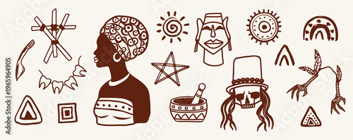 African voodoo spirituality featuring a mystical priestess, Papa Legba symbolism, ritual elements, and shamanic signs. Artistic ethnic spiritual motifs 