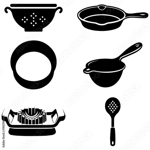 Kitchen items colander strainer pan ring mold grill spatula silhouettes. Cooking tools vector illustration set icons graphic design elements.