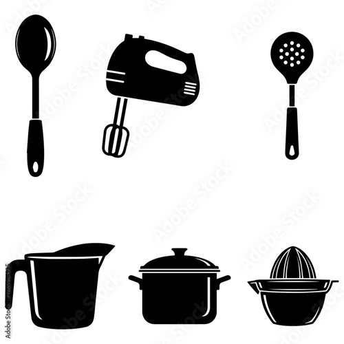 Kitchen utensils collection spoons mixer pots juicer black silhouettes. Cooking tools cookware vector illustration set icons graphic design.