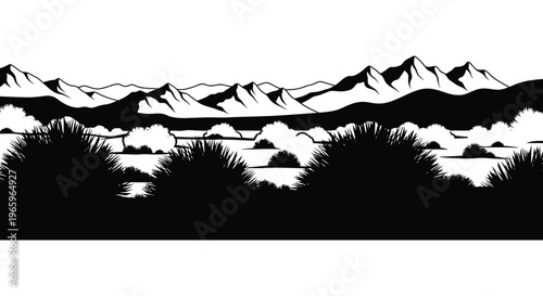 A stark black and white landscape depicts mountains shrubs and sparse vegetation as a dramatic silhouette high quality professional detailed modern