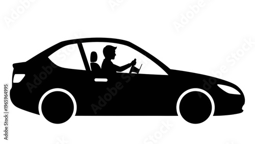 Black silhouette of a man driving a car and holding a phone